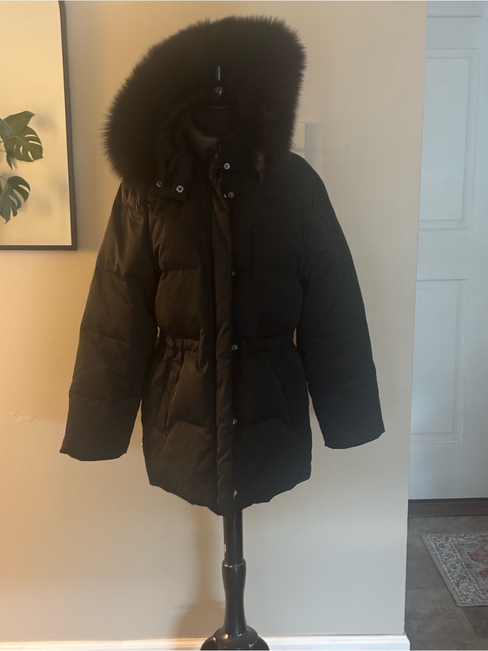 1 Madison Black Hooded Puffer Coat with Fur Trim